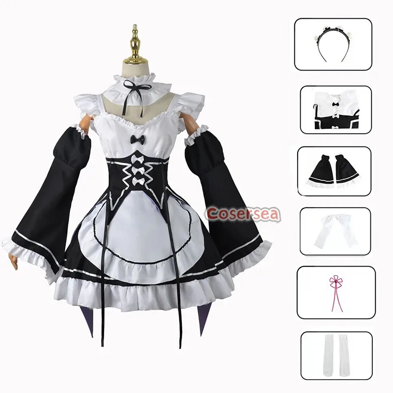 Cosersea Ram Rem Cosplay Costume Re:Zero − Starting Life in Another World Ram Rem Halloween Women Dress Uniform Outfit Fullset