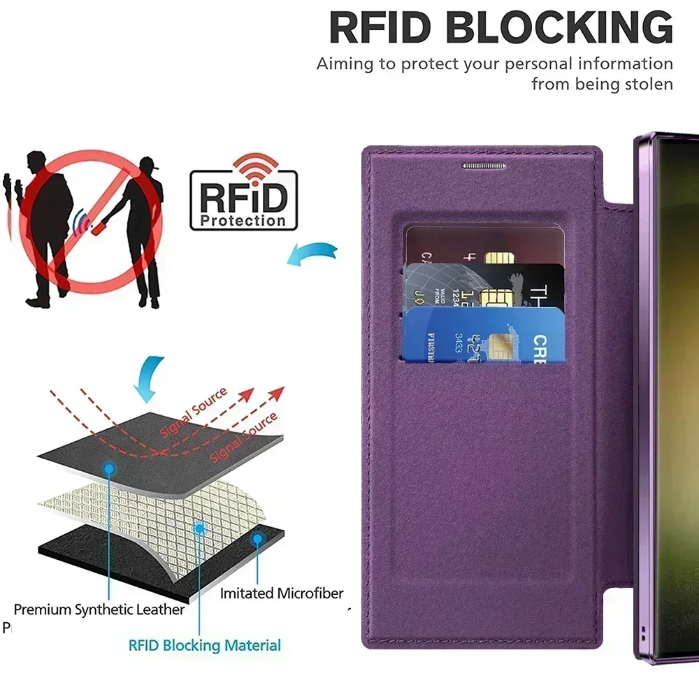 Samsung Leather Flip Card Clip Phone Case For Samsung Galaxy S24 S23 S22 Ultra Plus S23 FE For Magnetic Wireless Charging Covers