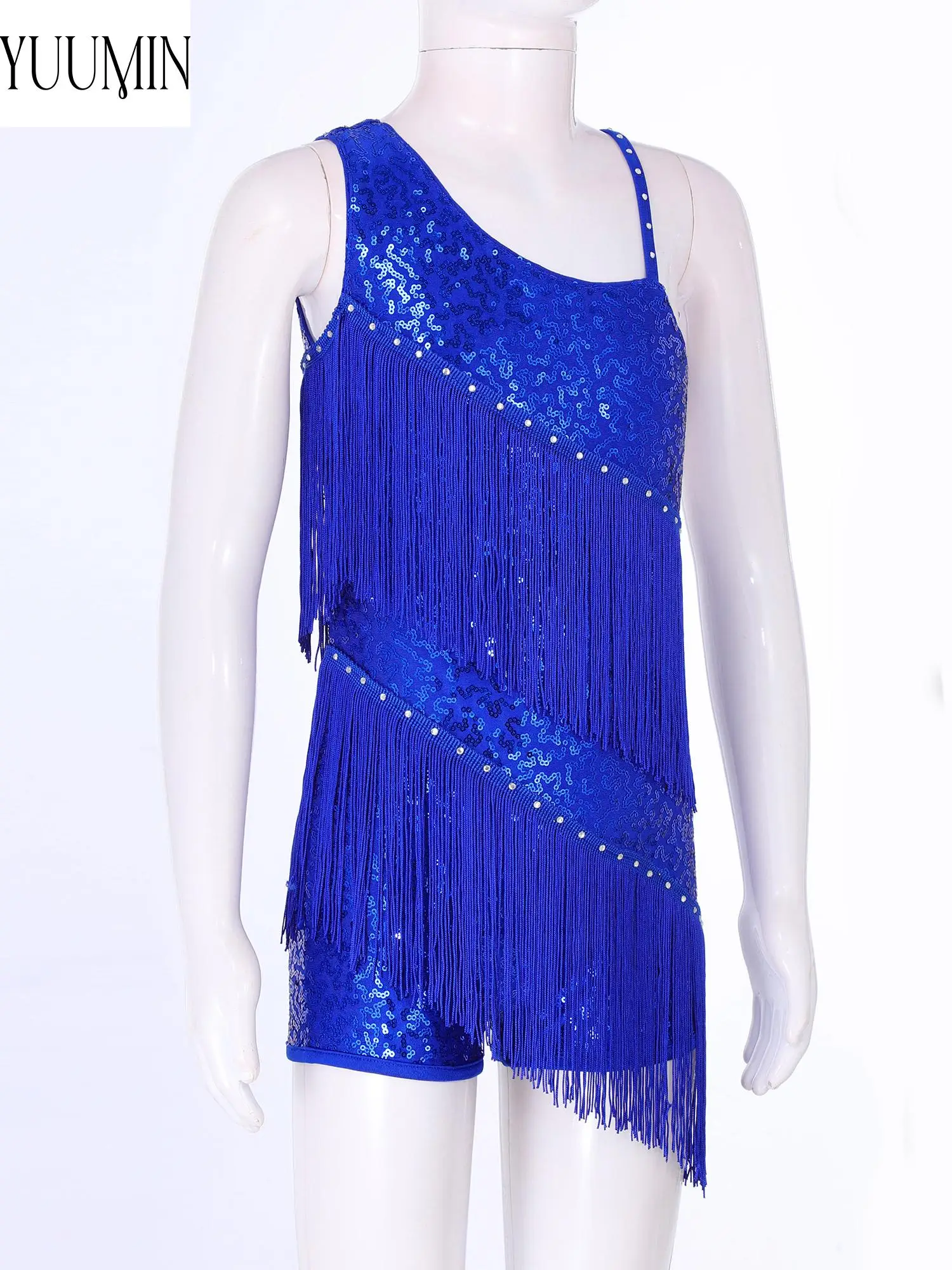 

Kids Girls Latin Cha Cha Samba Practice Dress Dance Sleeveless Shiny Sequins Rhinestone Decorated Outlook Tassels Leotard Outfit