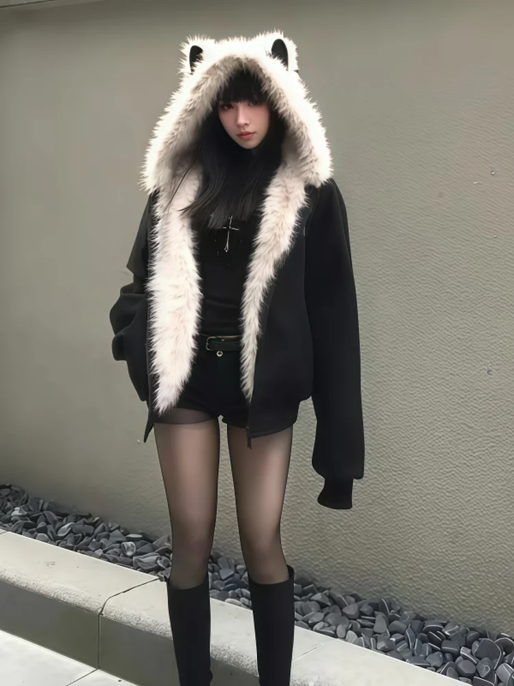 

Thickened Ear Hooded Sweatshirt Jacket Women's Autumn Winter American Style Black Deer Skin Velvet Collar Jacket Cotton Coat