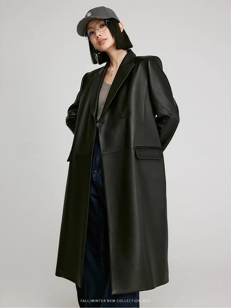 

Classic Long Genuine Leather Blazer Jackets for Women Spring Autumn 2026 High-end Simple Loose Soft Real Sheepskin Trench Coat