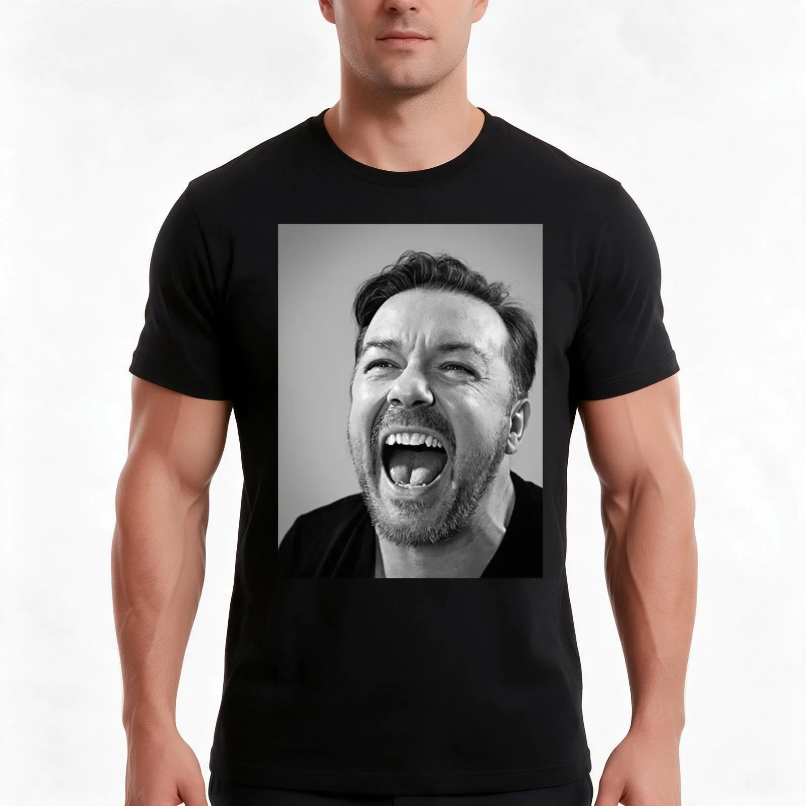 Ricky Gervais laugh T-Shirt, Summer Casual Cotton Tee, Oversized Streetwear Tops, Vintage Graphic Print, Loose Fit Short Sleeve