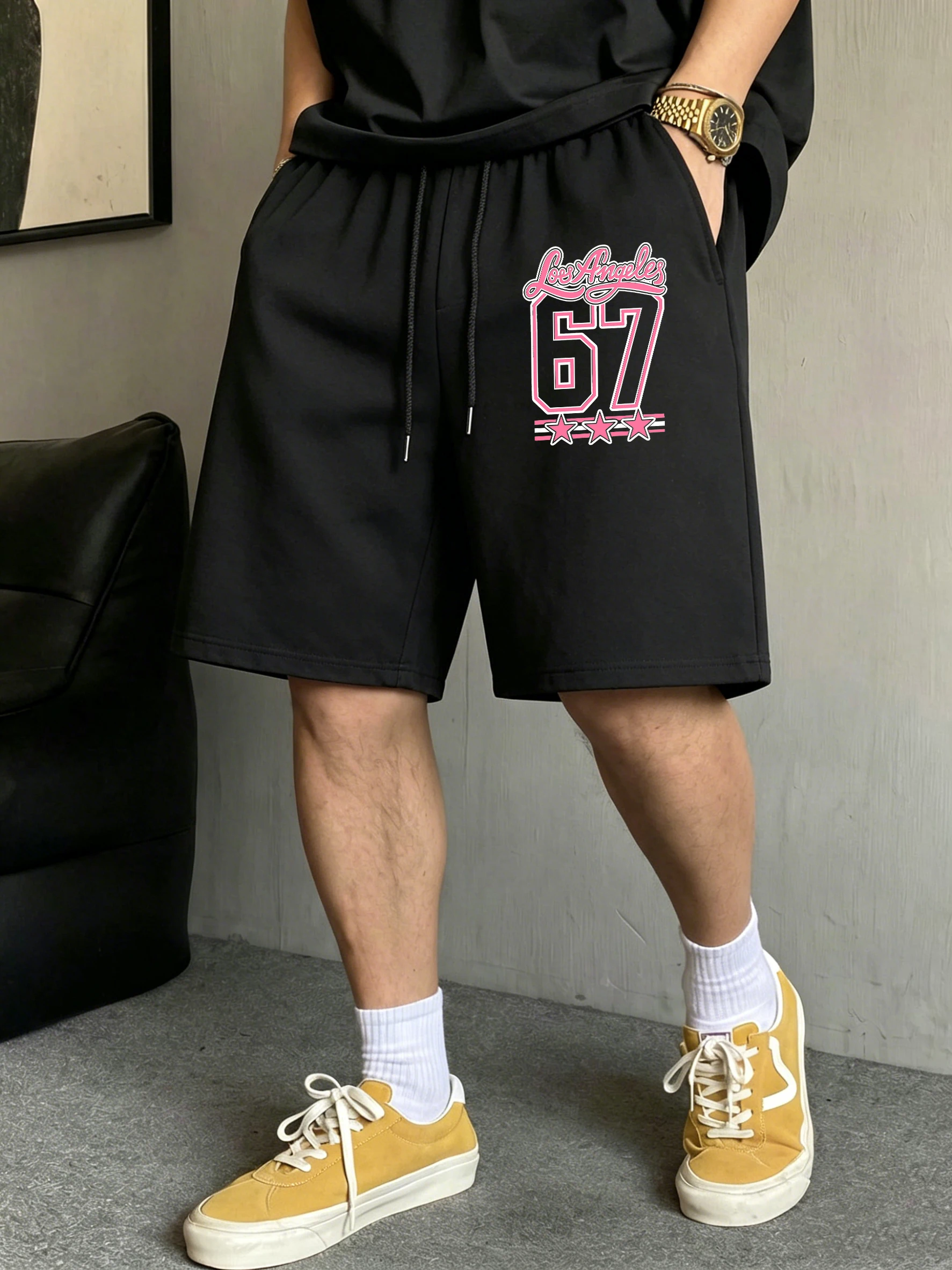 Los Angeles 67 Star Printed Pocket Mens Retro Pants Summer Casual Soft Black Sports Shorts Unisex Loose Drawstring Streetpants