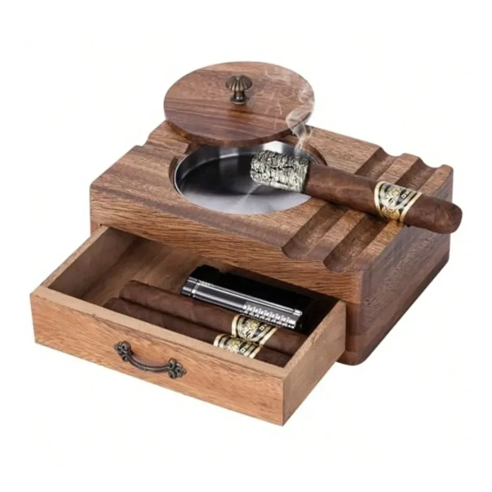 

Ashtray Wooden Box Windproof Lid Stainless Steel Removable Bowl Cigar Holder And Drawer Organizer Vintage Outdoor Ashtray Gift