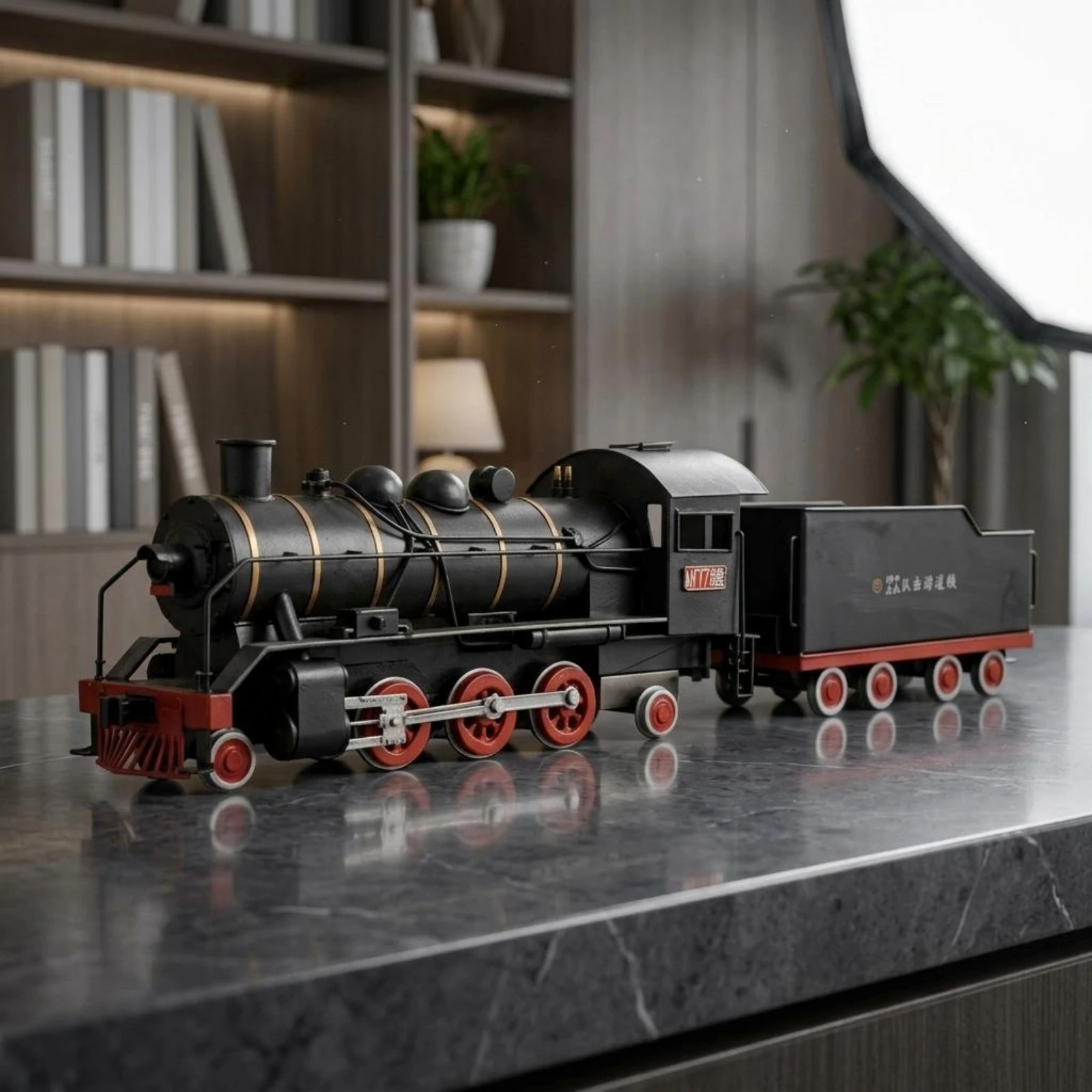 

Steam Locomotive Model Industrial Inspired Vintage Train Ornament Metal Locomotive Model Red Accents Artisanal