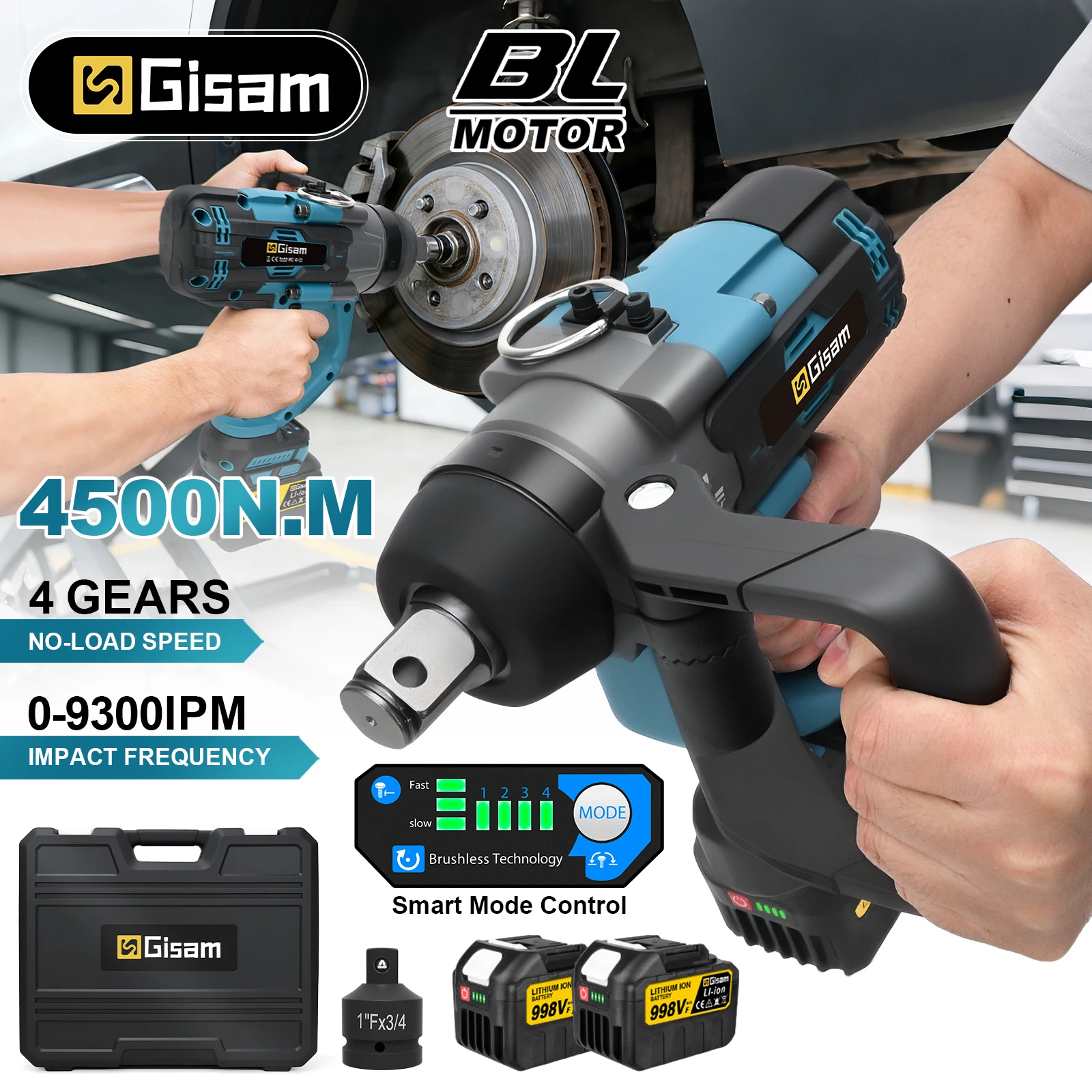 Gisam 4500N.M Bürstenloser Elektroschrauber 1 Zoll Schlagschrauber Kabellos Hochdrehmoment Schwerlast-Reifenreparaturschrauber Schraubendreher Bohrmaschine Elektrowerkzeug für Makita 18V Akku