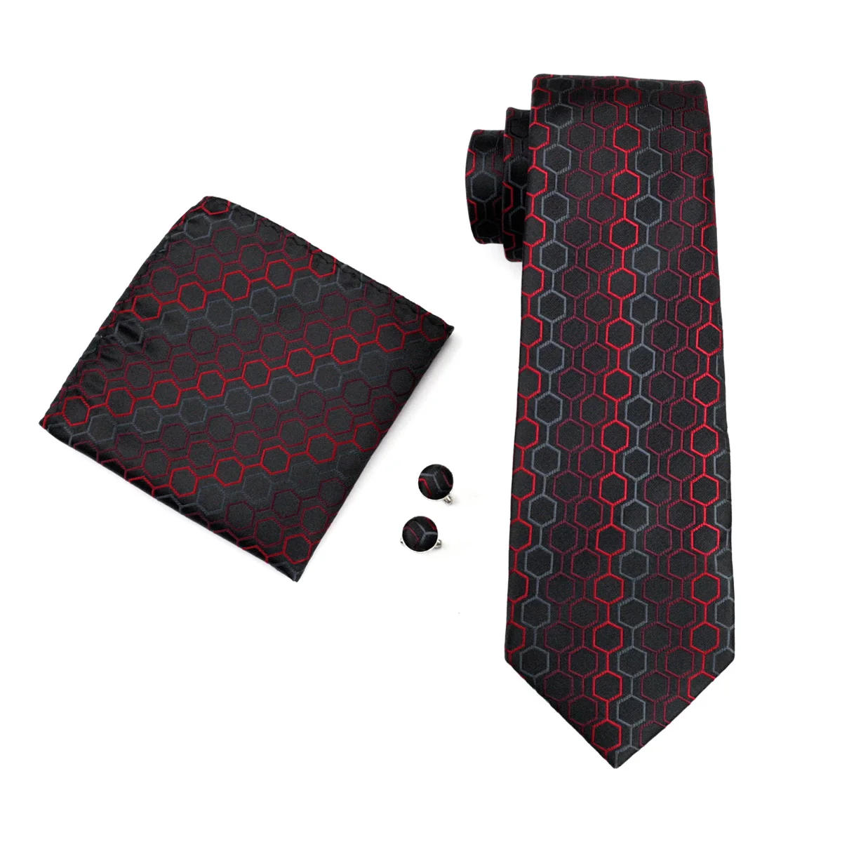 Classic Red Black Men Tie Silk Woven High Quality Geometry Designer Suit Pocket Square Cufflinks Brooch Sets Business Barry.Wang