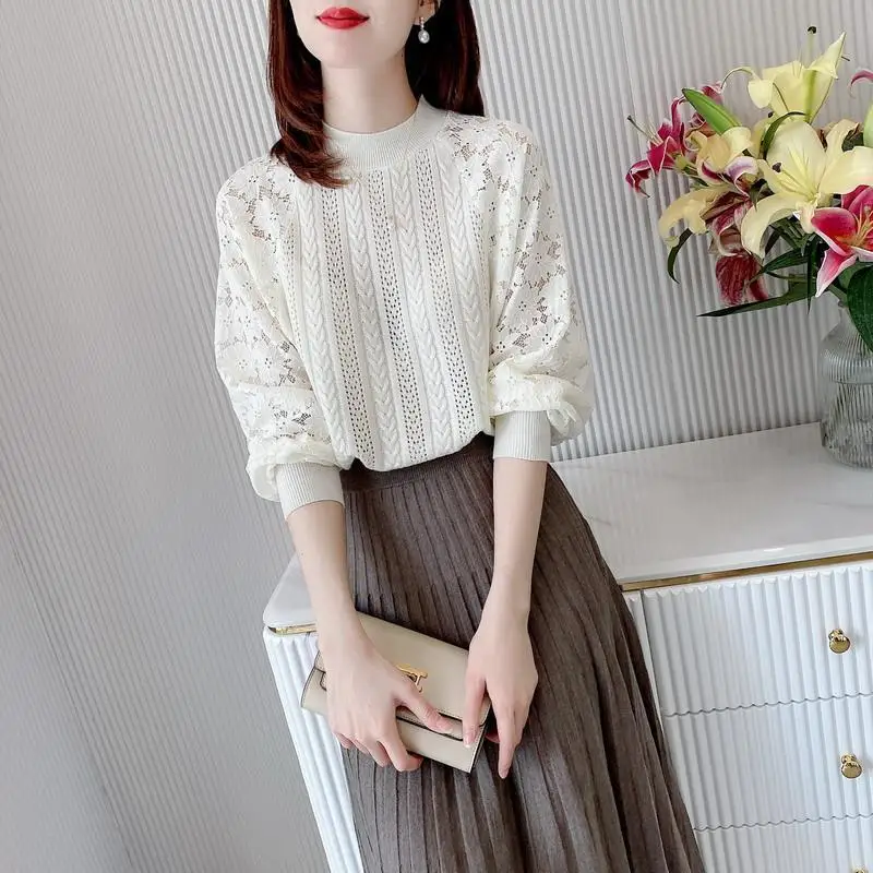 Round Neck Hollow Out Lace Sexy Temperament Bottoming Casual Fashion Popularity Solid Autumn Winter Thin Women\'s Clothing Sweet