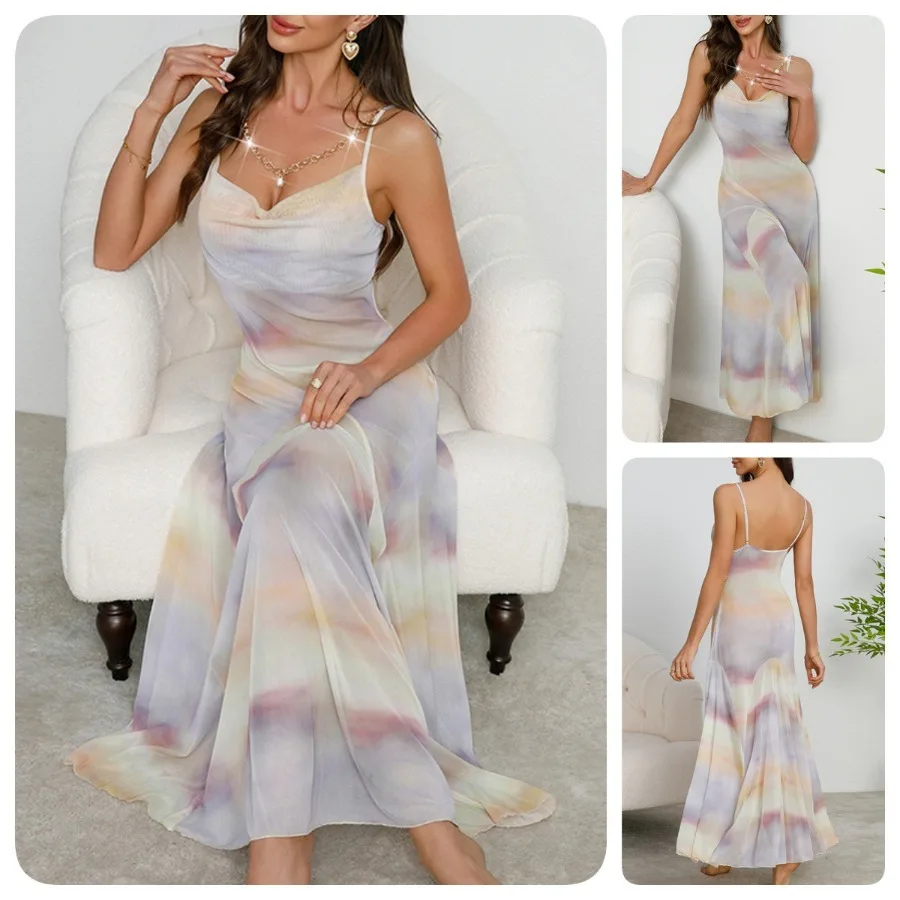 

【New style】Mufei sexy pajamas women's tie-dyed mesh suspender skirt swing collar slim long nightdress 890