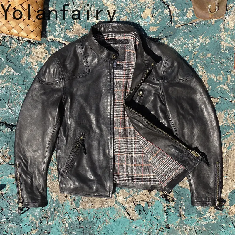 YOLANFAIRY Genuine Sheepskin Leather Jacket Men Full Veg-Tan Heavy Washed Crinkled Distressed Motorcycle Genuine Leather Jacket