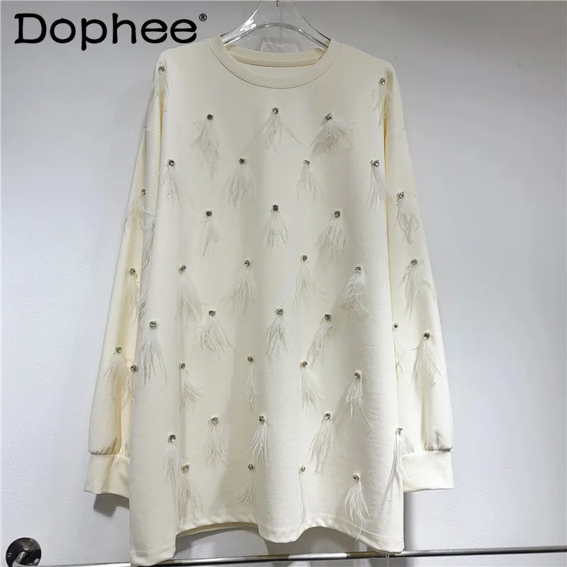 Nappa di piume con diamanti industria pesante girocollo felpe a maniche lunghe donna 2024 autunno nuove felpe oversize Casual