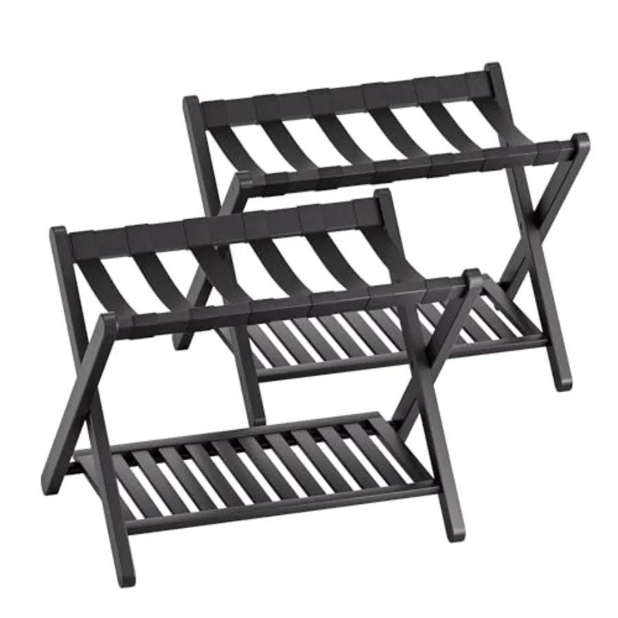 

Luggage Rack Set of 2 Foldable Bamboo Suitcase Stand with Storage Shelf for Guest Room Bedroom Hotel Heavy-Duty