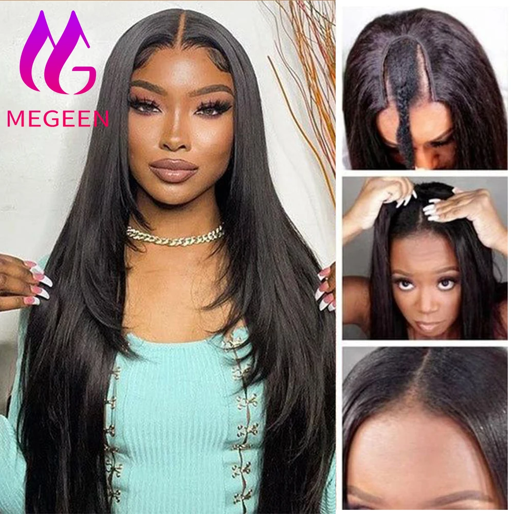 Megeen Upgrade U Part Wigs Brazilian Virgin Hair No Glue For Women Straight Human Hair Machine Wigs Beginner Friendly 18-30 Inch