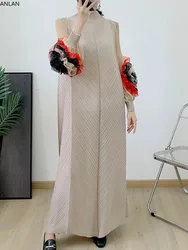 ANLAN Fashion Pleated Patchwork Miyake Maxi Long Dress Women Loose Peatl Sleeve Evening Party Dresses 2024 Autumn New 6YK0914