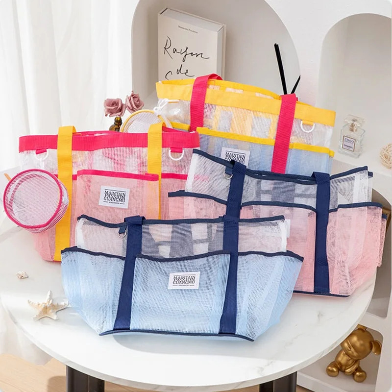 Colorful Contrast Mesh Beach Tote Bag, Ins Style Summer Shoulder Bag, Cute Multi-pocket Mesh Tote