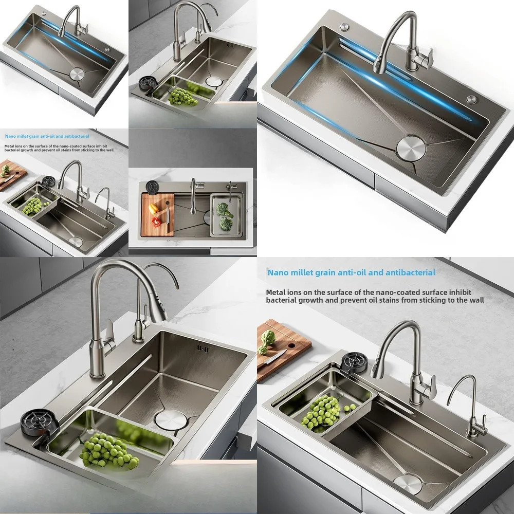 

Kitchen Sink 304 Stainless Steel Nano Embossed Large Single Sink Under the Counter Dish Wash Vegetable Wash Basin 4MM Thickened