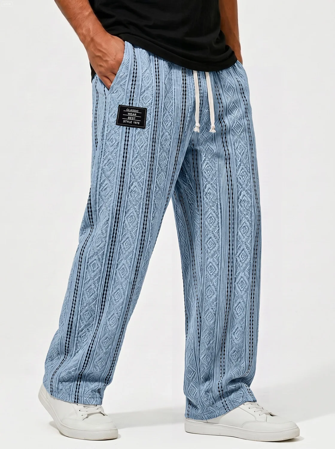 Men Jacquard Textured Wide Leg Pants Drawstring Elastic Waist Loose Casual Trousers Pockets Streetwear Straight Baggy Sweatpants
