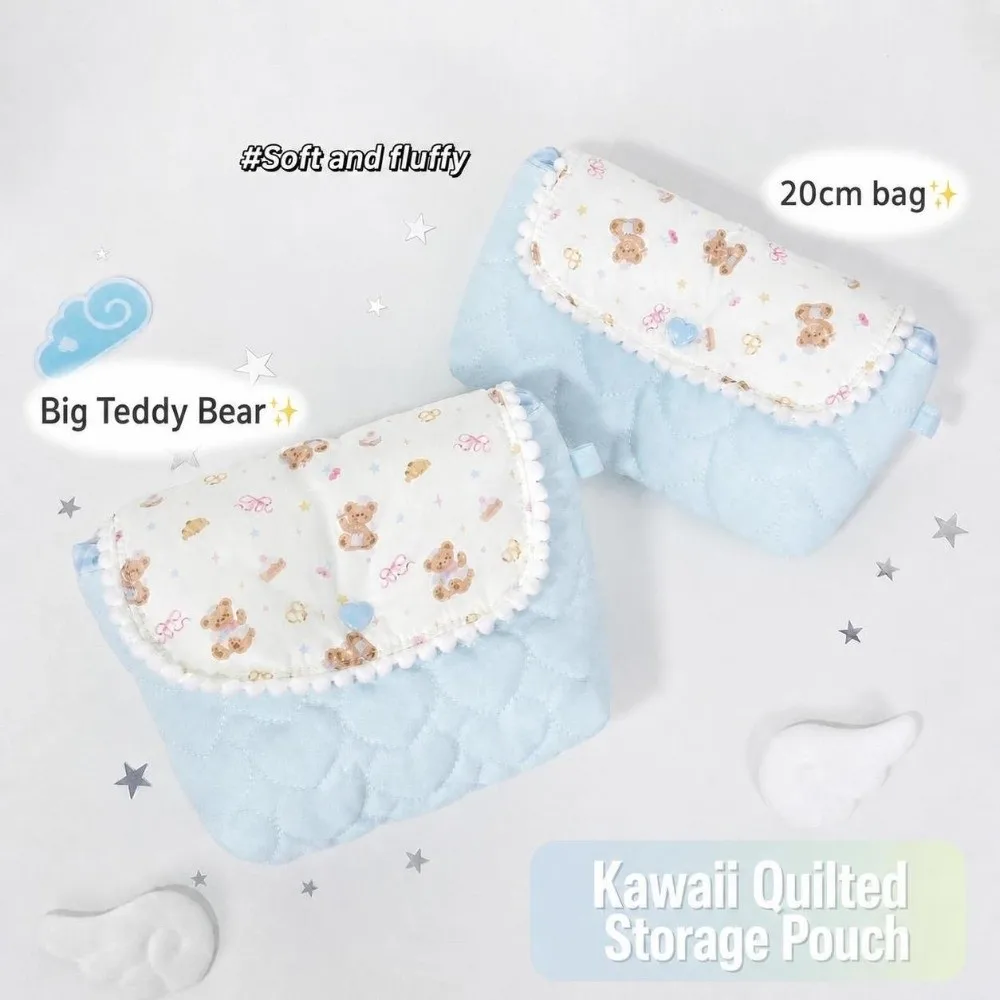 Multifunctional Bear/Puppy/Strawberry Print Pencil Case Lace Flap Large Capacity Makeup Bag Quilted Cosmetic Bag