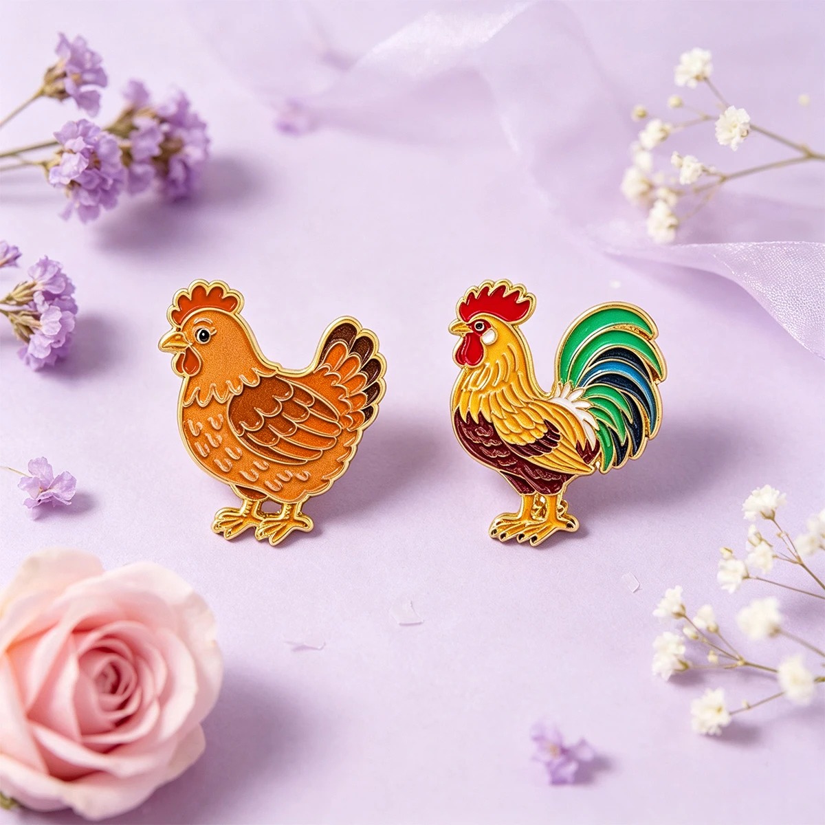 2PCS Rooster Enamel Pin Set Cartoon Chicken Brooch For Coat Women's Brooches Collar Lapel Pins Metal Badges Jewelry Gift
