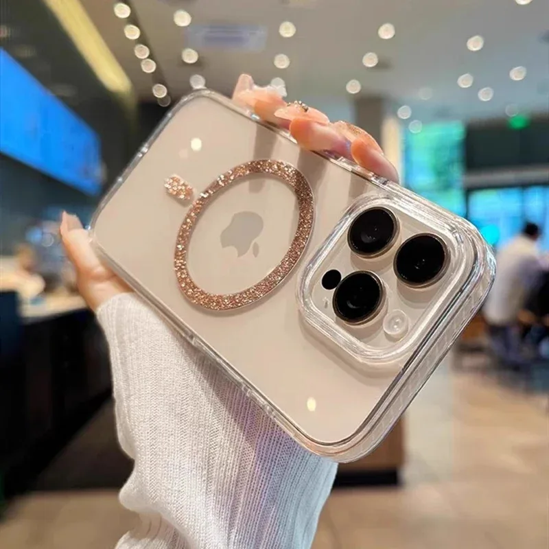 

Luxury Glitter Magsafe Transparent Phone Case For iPhone 17 Air 16 15 14 13 12 11 Pro Max 16E 15 Plus Magnetic Shockproof Cover