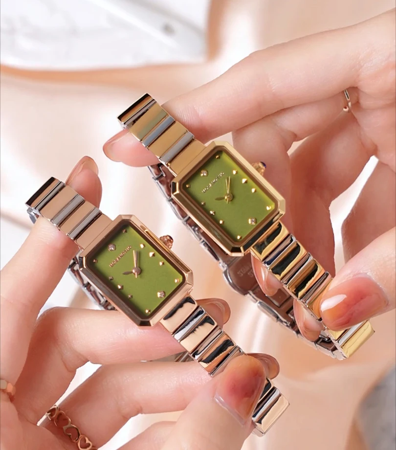 Women Quartz Watch Luxury Clock Fashion Gold Rectangle Green Dial Vintage Diamond Orologio Retro Classic Reloj Ladies Wristwatch