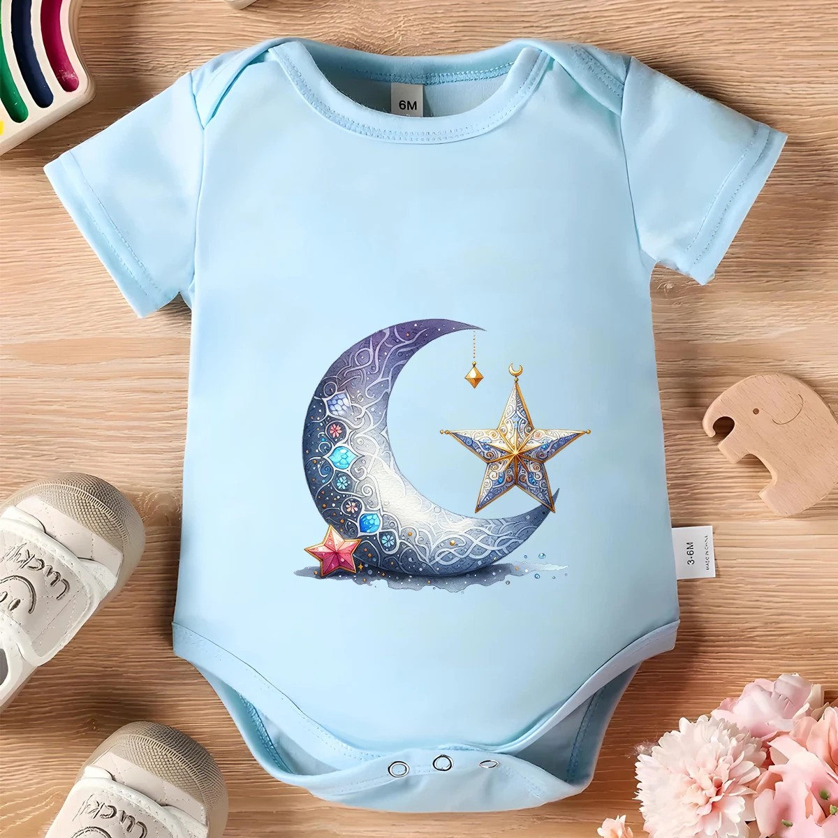 Ramadan bulan 100% pakaian bayi katun Onesie bayi Bodysuit cetak lucu untuk 0 hingga 12 bulan Romper lengan pendek bayi baru lahir