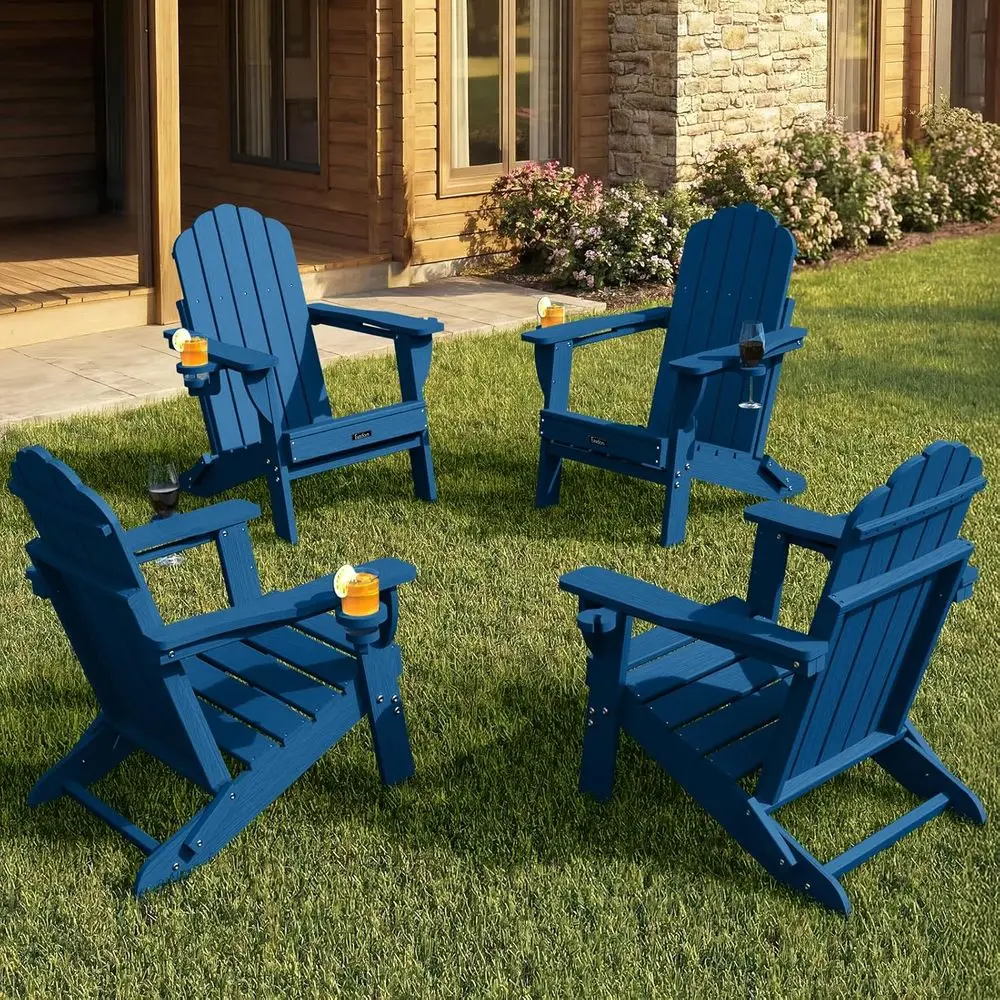 

Set of 4 HDPE Outdoor Adirondack Chairs with Cup Holders, Navy Blue