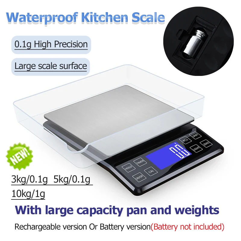 New 0.1g High Precision Kitchen Scale 3kg/5kg/10kg Household Waterproof Balance for Food weighing with 50g Weights and Scale Pan