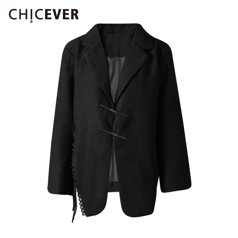 CHICEVER Black Color Patchwork Lace Up Blazers for Women Lapel Long Sleeve Spliced Button Side Split Design Coats Female Fashion