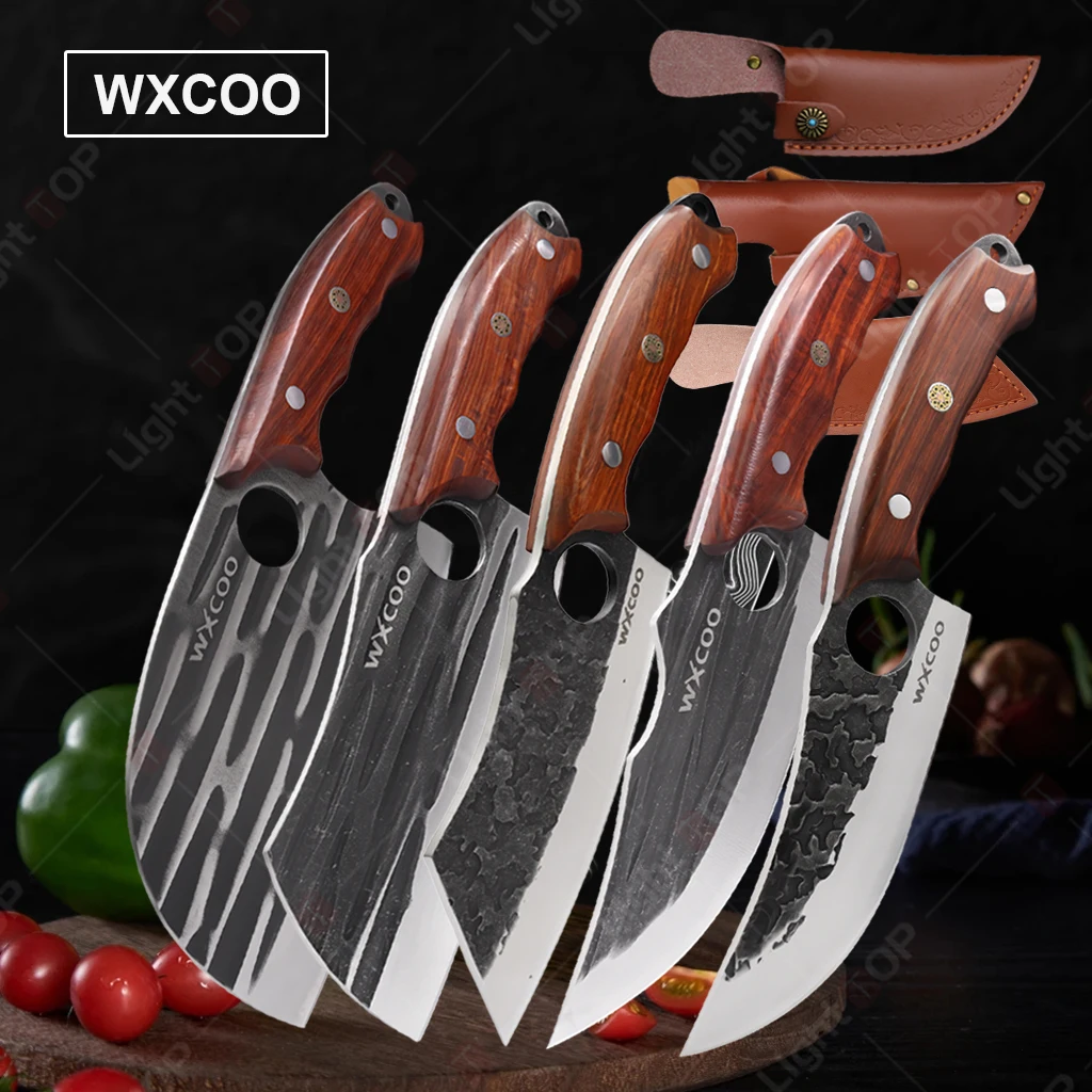

1~5PCS Professional Kitchen Knives Handmade Forged Butcher Cleaver BBQ Slicing Knife Stainless Steel Boning Knife Wooden Handle
