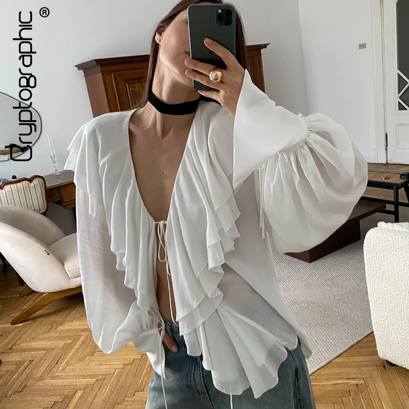 

Cryptographic Elegant White Chiffon Tie Front Top Cardigans Outfits for Women Deep V Neck Long Sleeve Ruffled Detail Tops Sheer