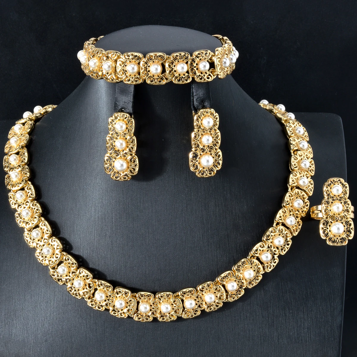 Sunny Jewelry Sets Three-colour Beads Fashion Bridal Wedding Sets Gold Plated Earrings Necklace Bracelet Ring For Women Gifts