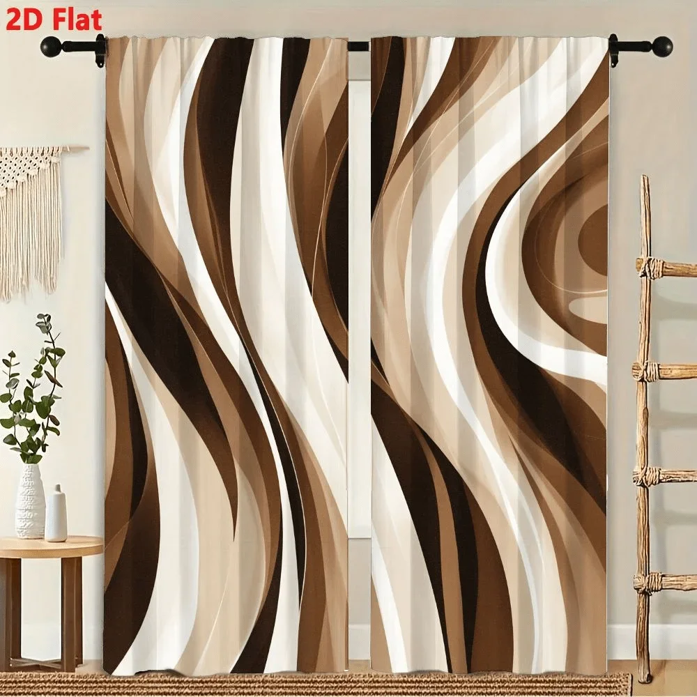 Modern Abstract Flowing Wave Curtains Pair Beige Brown Living Room Window Drapes Set 2pcs