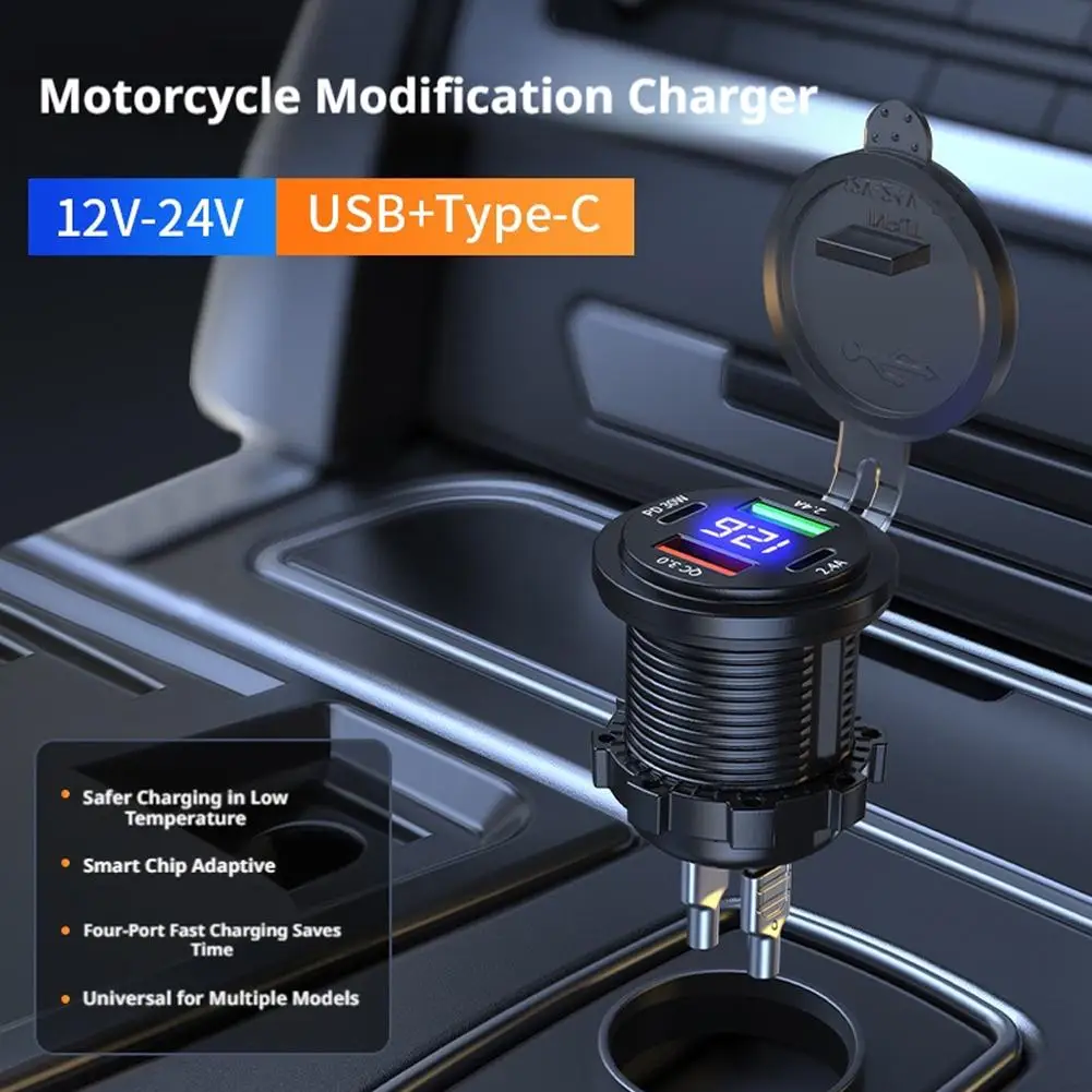 4-Port 60W PD+QC 3.0 Car Charger Socket, 12V-24V With Voltmeter For Motorcycle/Boat Socket Power Outle