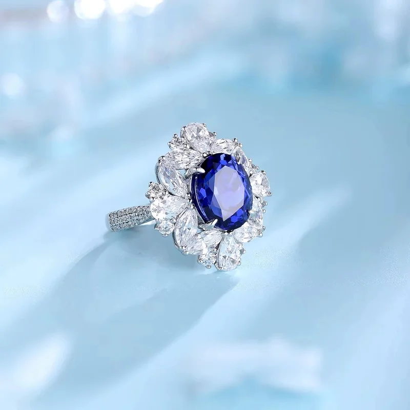 Oval Cut Lab Created Diamond and Lab Grown Sapphire Ring for Women in S925 Sterling Silver Elegant Stackable Wedding Band