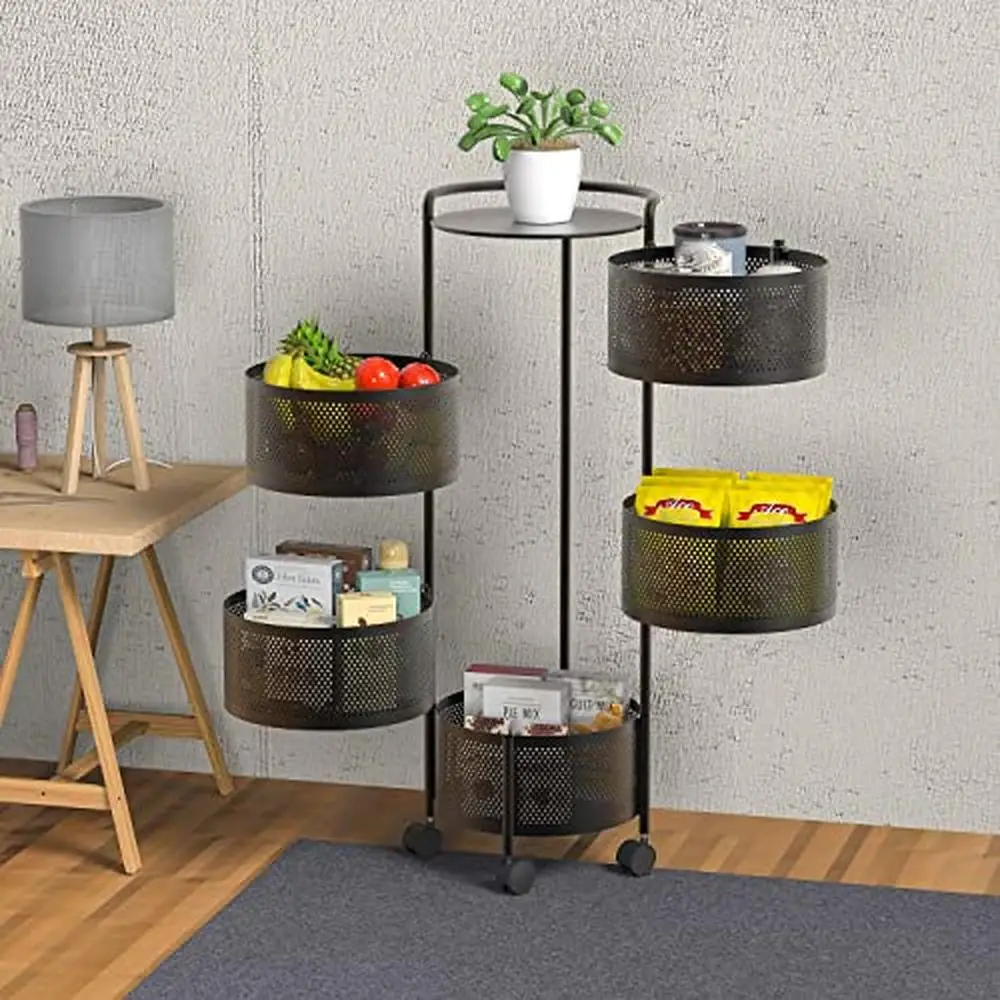 Rotating 5-Tier Metal Fruit Basket Kitchen Storage Rack Shelf Carts Rolling Wheels Grocery Vegetable Organizer