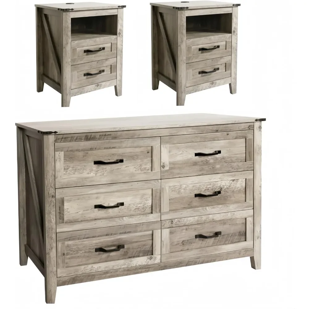 

3PCS Farmhouse Dresser and Nightstand Sets,Drawer Nightstand with Charging Station, Rustic Wood