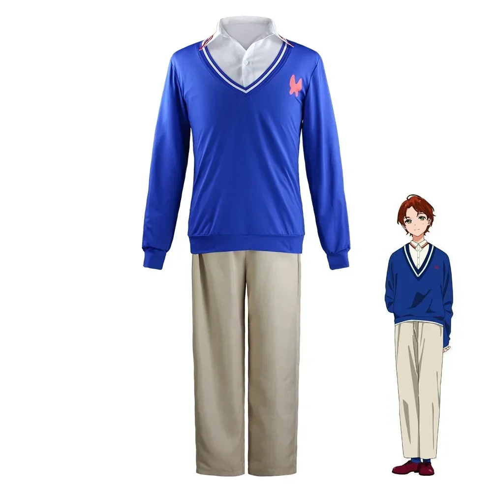 

Anime Cosplay Costume WONDER EGG PRIORITY Sawaki Momoe Uniform Campus Style Blue Knitted Top Shirt Pant Wig Role Play
