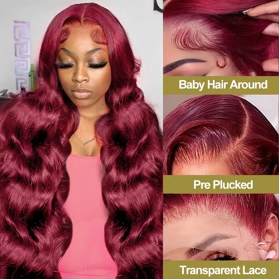 Mamushow-Perruque Lace Front Wig Body Wave brésilienne Remy, cheveux naturels, rouge bordeaux 99J, HD, pour femmes africaines