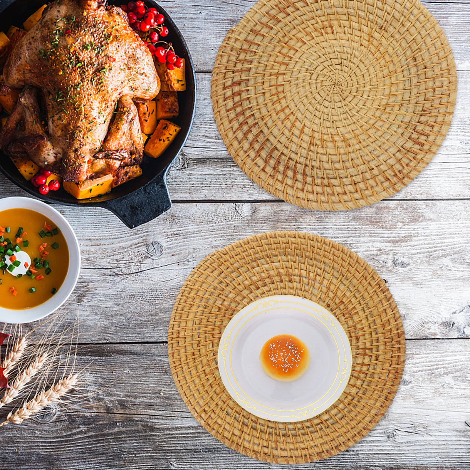 

2Pcs Rattan Woven Placemat Round Heat Resistant Table Mat Dining Room Kitchen Tableware Pad Round Placemats Woven Placemats