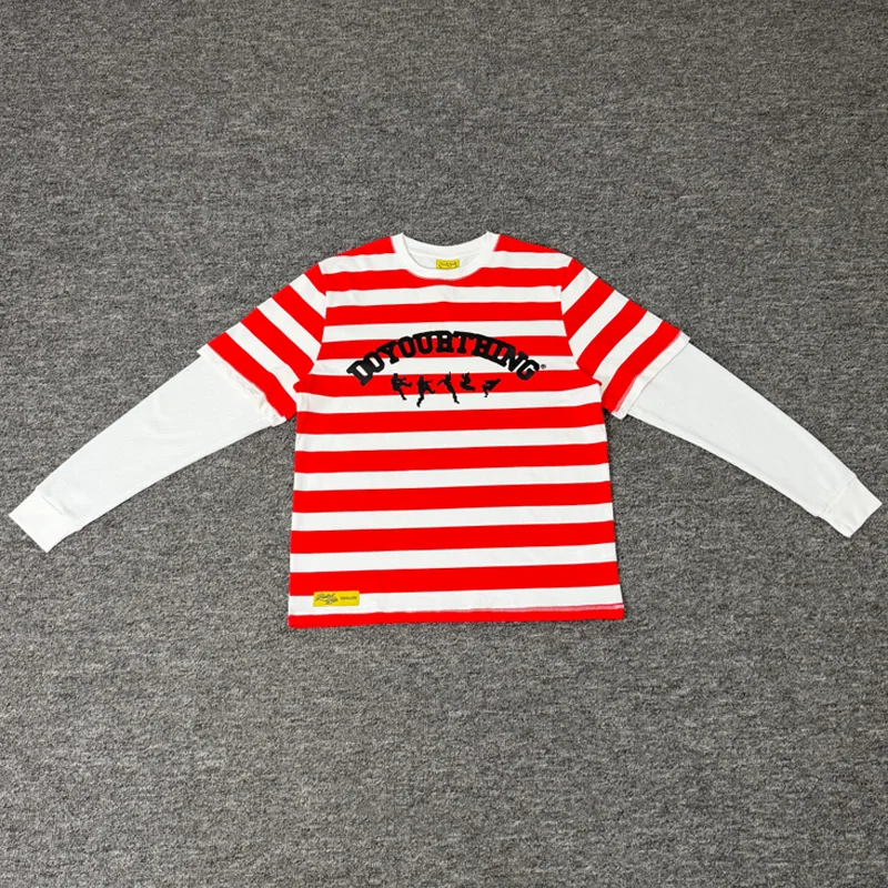 Man Red White Horizontal Stripes Fake Two-Piece Patchwork Long Sleeve T-Shirts Curved Letter Figure Print Protect Tees
