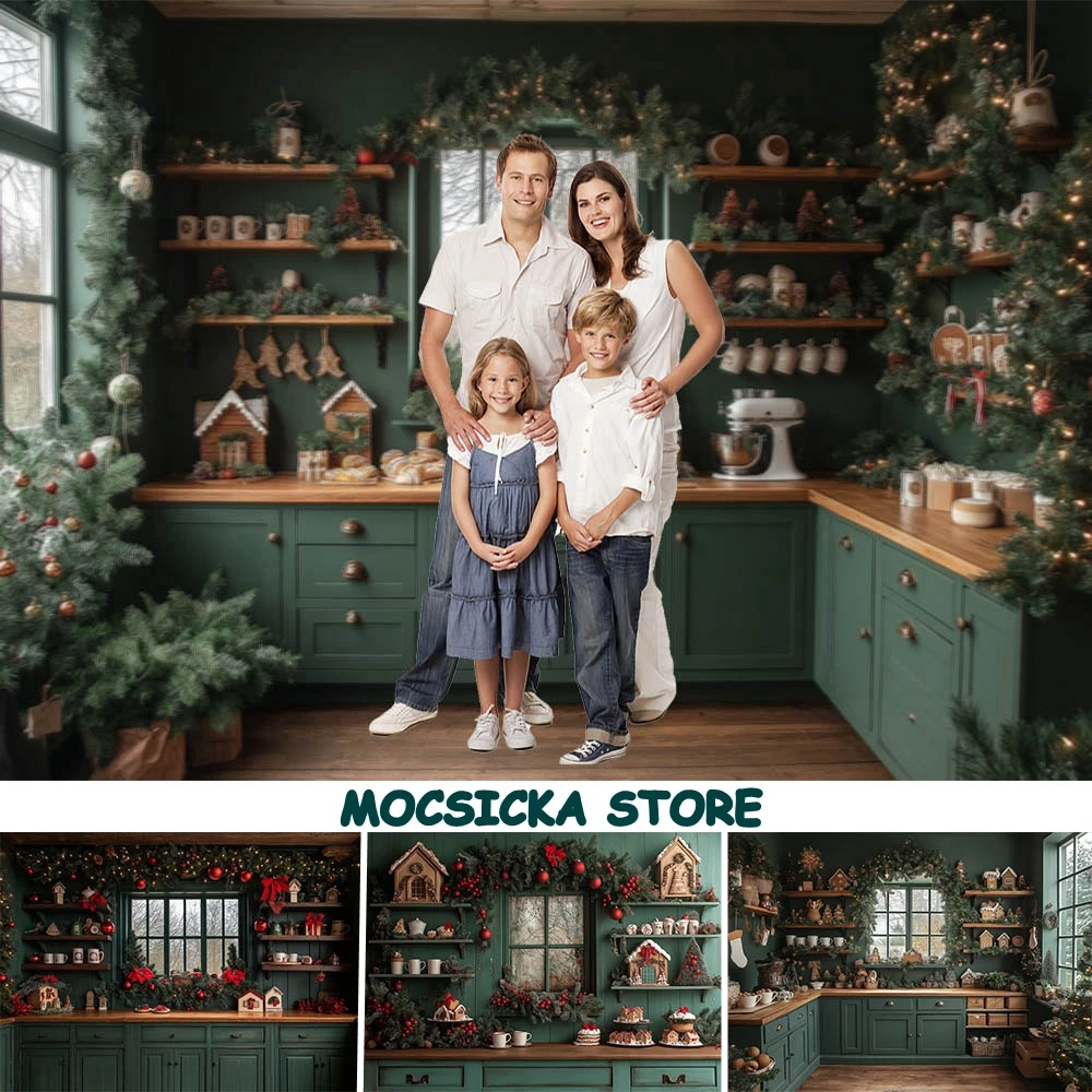 

Mocsicka Christmas Kitchen Backdrop for Photography Green Cupboard Windows Snow Winter Interior Family Portrait Photo Background