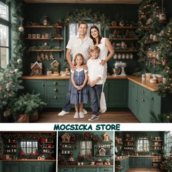 Mocsicka Christmas Kitchen Backdrop for Photography Green Cupboard Windows Snow Winter Interior Family Portrait Photo Background