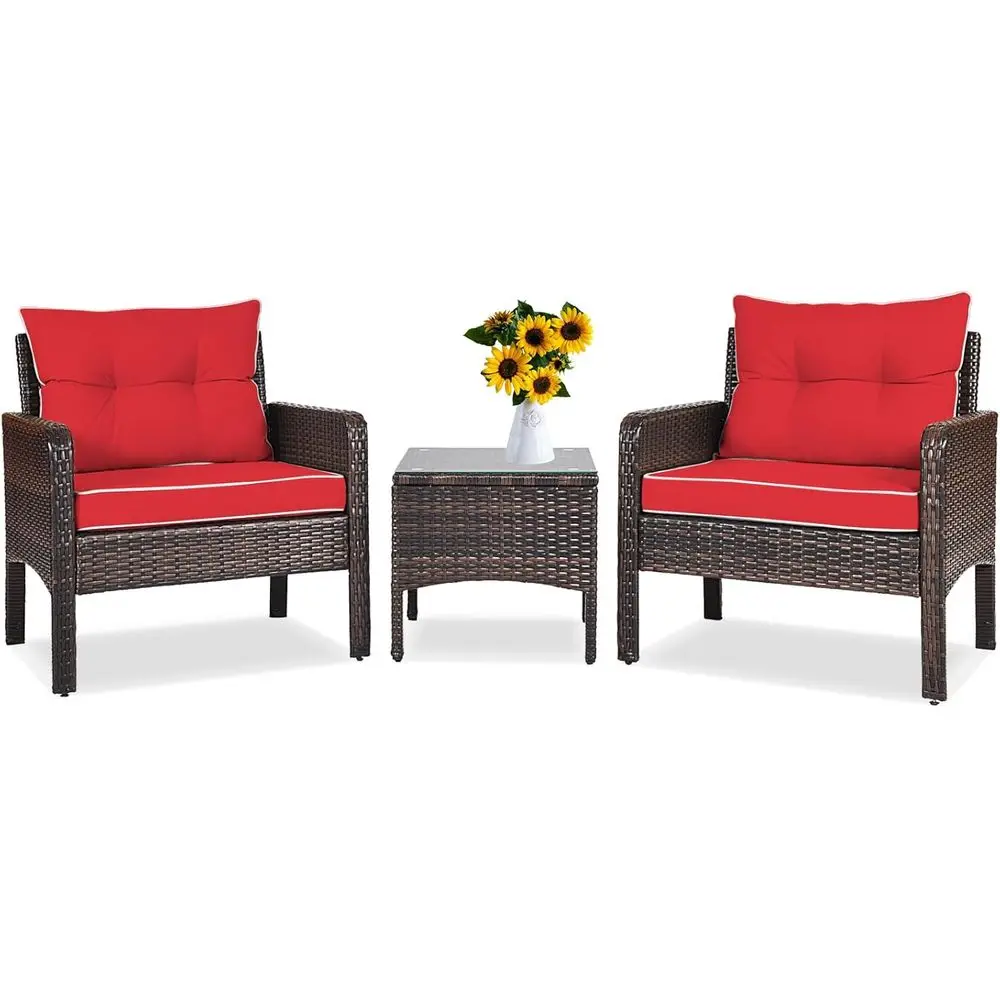 

3-Piece Wicker Outdoor Furniture Set with Cushions, Weather-Resistant Rattan Bistro Set for Balcony, Porch, or Backyard, Red