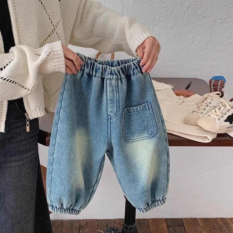 Boys and Girls Winter Jeans Baby Foreign Style Children's Korean Version Thickened Integrated Velvet Tied Feet Harlan Pants
