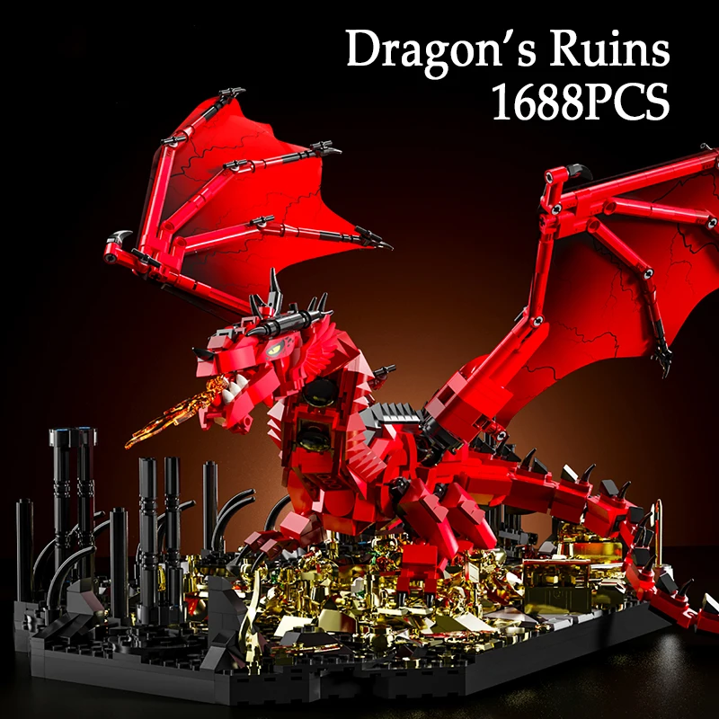 

1688PCS Dragon's Ruins Building Blocks Model Creative Ornaments Small Particle Fire Dragon Bricks Toys Boys Adult Holiday Gifts