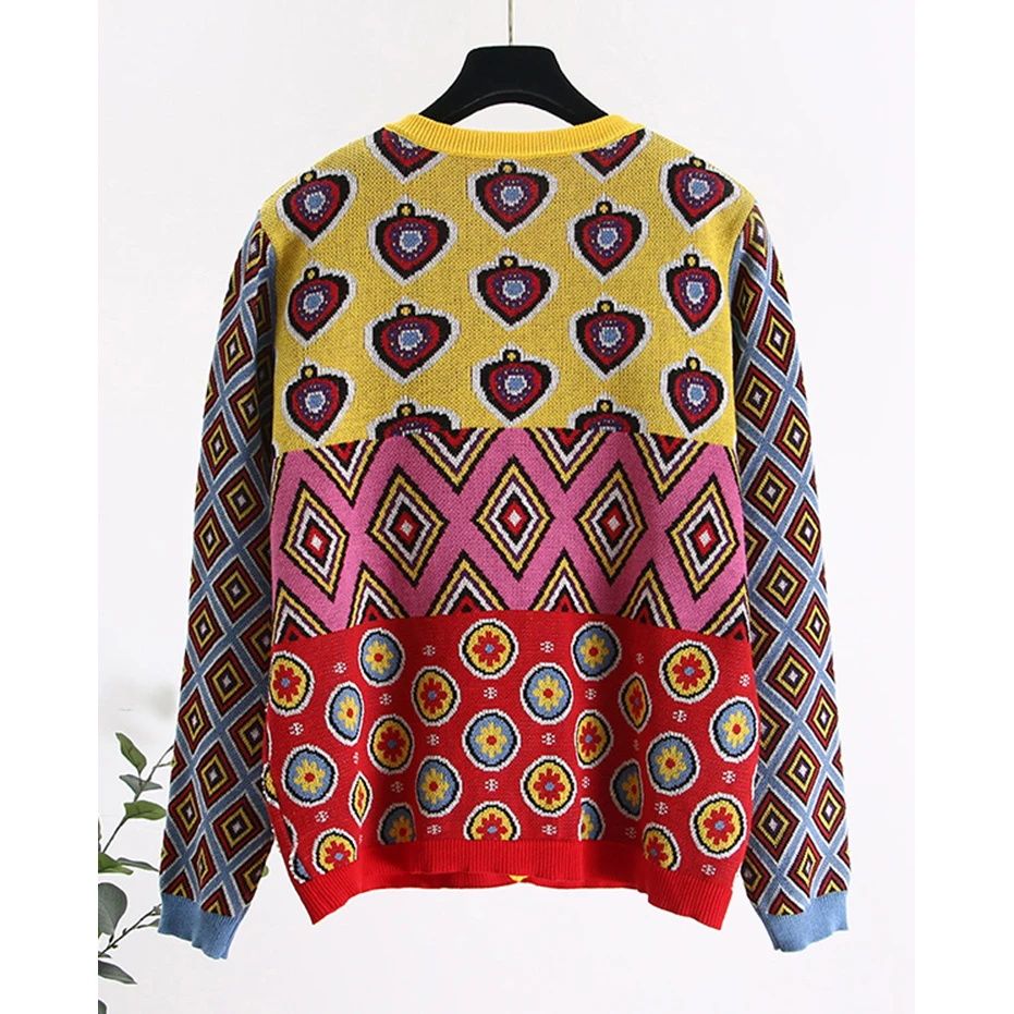 Brand Designer Women's Cardigan 2024 Vintage Contrast Geometric Heart Single Breasted Round Neck Open Stitch Cardigan C-107