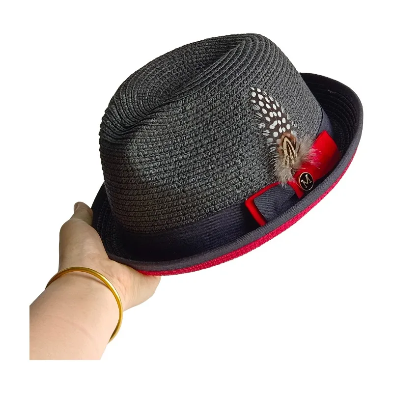 Men’s Straw Hat Two-tone Splicing British Trilby straw hat Fedora Breathable Beach Sun Hat Handwoven Straw Panama hat Cuban