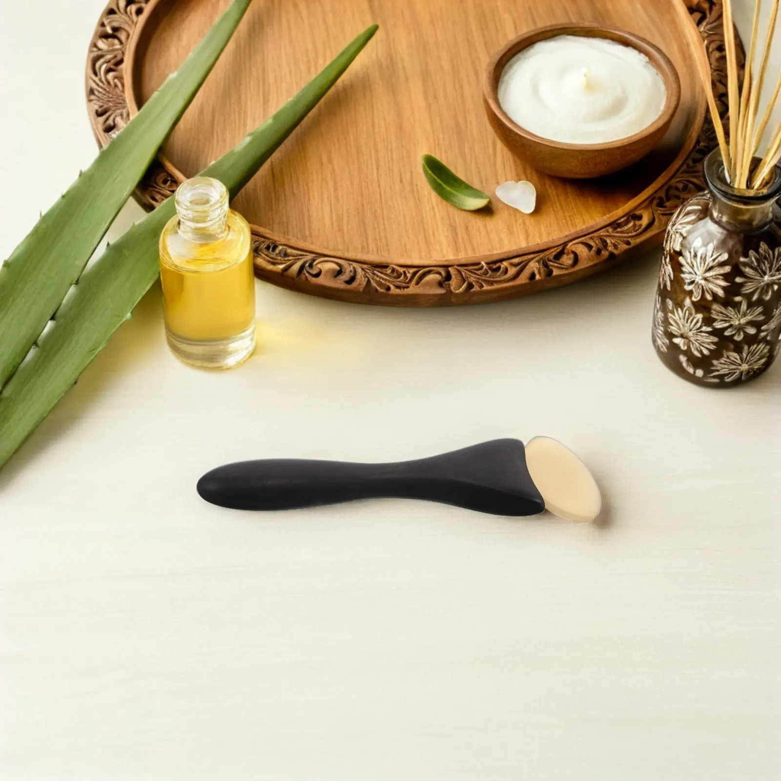 Sandalwood Facial Massager Natural Wood Eye Roller Gua Sha Tool Ergonomic Horn Shape Deep Tissue Face Scraping Skincare view 5