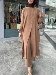 Moslim Jurk Voor Vrouwen Blouse 2 Delige Set Lange Mouw Abaya Shirt Wijde Pijpen Broek Pakken Arabische Dubai Jurken Musulman Ensembles